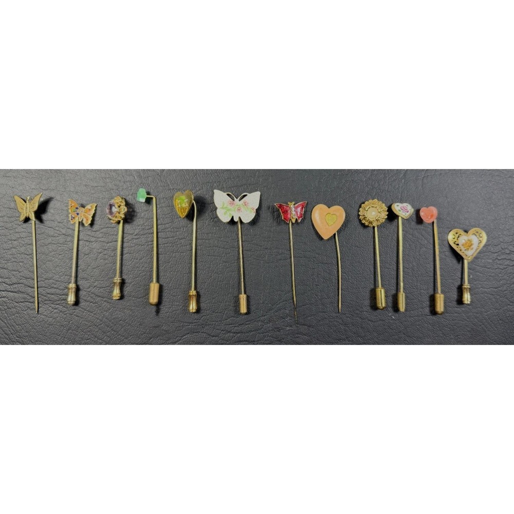 Lot Of 12 Vintage Stick Pins Enamel And Gold Tone Butterflies Hearts Hat Pins